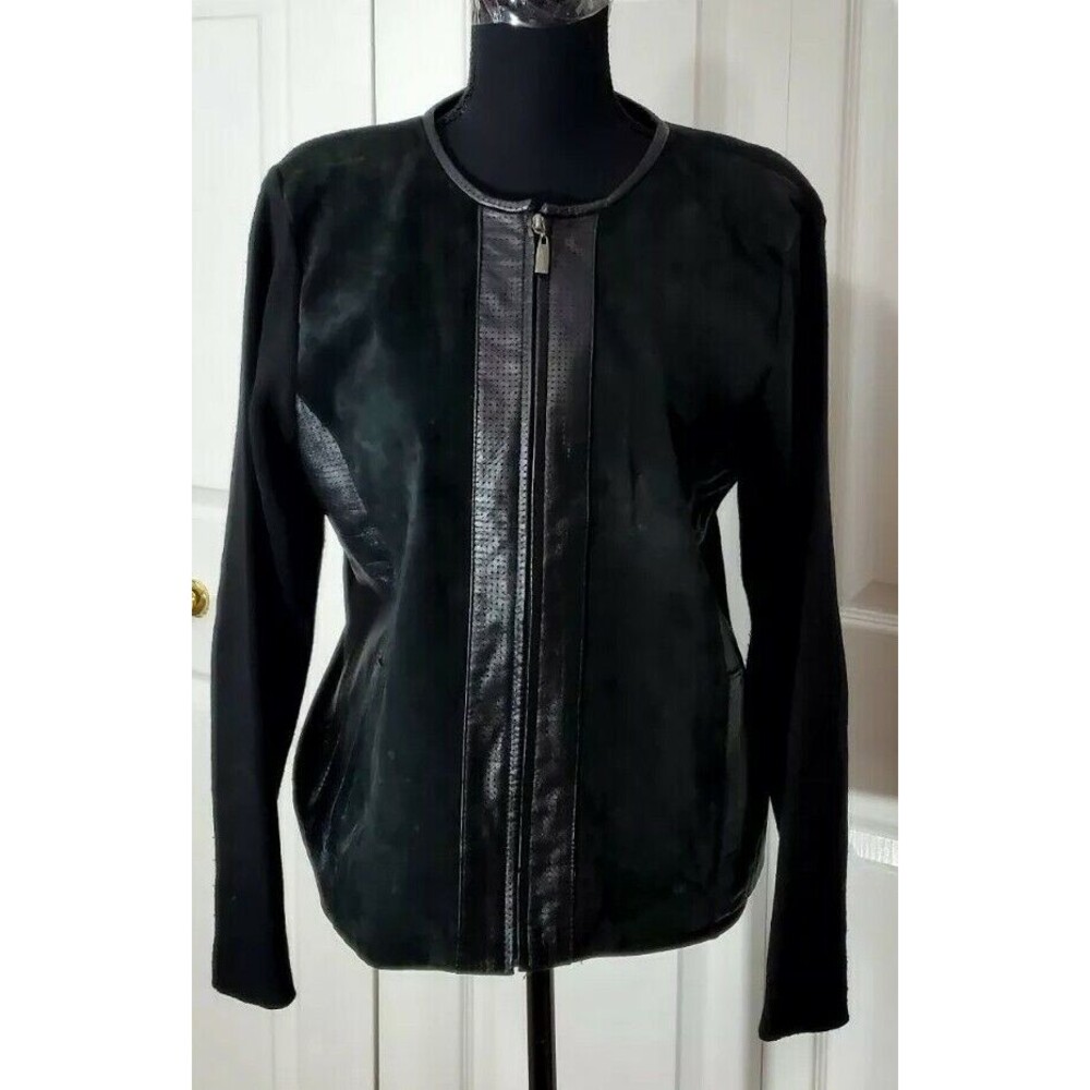 Escapade Black Leather & Suede  Zip Up Jacket Short Coat Pockets Sz Large